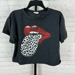 Le Lis Gray Cheetah Tongue and Lips Cropped Short Sleeve T-Shirt Size Medium